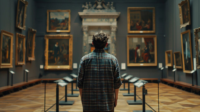 A casually dressed man admires artwork in an historic art gallery.