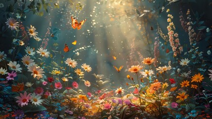 A garden in full bloom during spring, with a myriad of vibrant flowers in every color, lively butterflies fluttering about, and the radiant sunlight filtering through the leaves, c