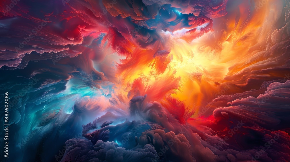 Poster a mesmerizing display of swirling colors bursting outwards from a central point, creating a dynamic 