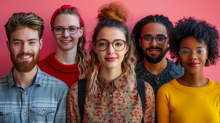 Fototapeta premium Multiracial group of people in casual clothes on a bright pink background. Young male and female colleagues spend time together. Lifestyle.