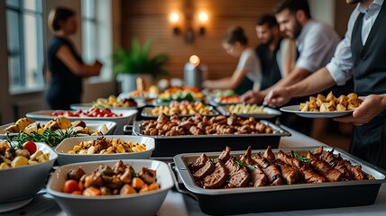 Group of people on catering buffet food indoor in restaurant with grilled meat.