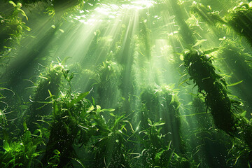 Seaweed forest in the sun, underwater view. Generated by artificial intelligence