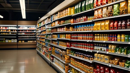 Fototapeta premium Detailed view of fully stocked grocery store aisle showcasing diverse food products on shelves.