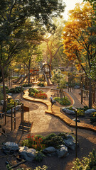 Obraz premium Produce a captivating image of an outdoor fitness park filled with innovative workout stations and nature-inspired elements Capture the essence of connecting with nature while engaging in the 