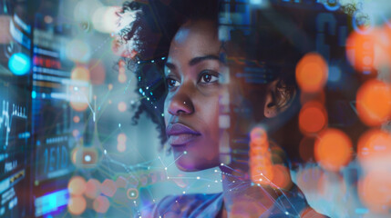 Portrait of a curly African American woman working in a modern office with a digital screen. A young employee is looking for new technologies. Technology concept.