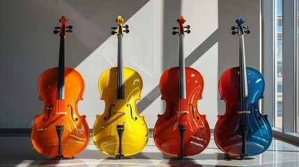Fototapeta premium Four colorful cellos in orange, yellow, red, and blue arranged in a sunlit room, showcasing their glossy finishes.