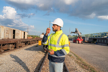 Engineer railway wearing safety uniform and helmet under checking train ,wheels and control system for safety transportation. Maintenance cycle concept.