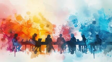 A group of diverse silhouettes in a meeting, surrounded by colorful watercolor splashes, representing teamwork and collaboration.