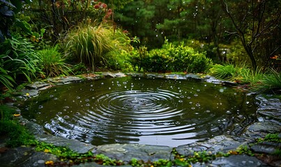 Rain Drops Creating Ripples in a Garden Pond