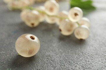 Fresh white currant berries on gray textured table, closeup