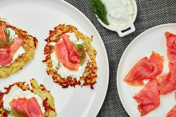 Top view of potato latke with salmon