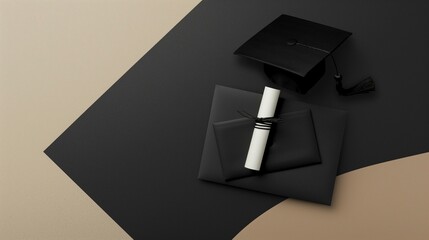 Fototapeta premium Student Graduation Card with Cap, Certificate, and Black and Beige Background