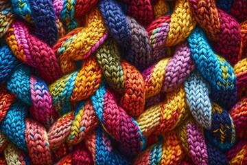 Colorful yarn in a close-up shot, showcasing various hues and textures, A tightly woven fabric texture highlights individual threads AI generated