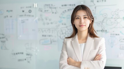 Smiling young Asian woman in office, portrait of a young energetic female scientist with cheerful smile and friendly behavior, standing in front of a whiteboard filled with colorful charts and graphs,
