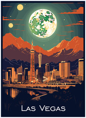 Las Vegas Poster Illustration Travel Print Decor Gift Paper Canvas Wall Retro Art