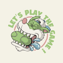 retro cartoon emblem of wolf biting tennis ball