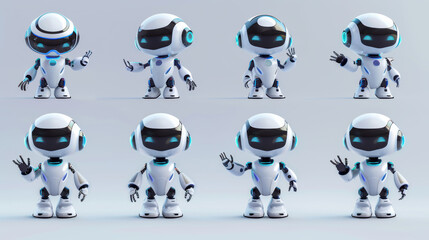3D Ai chatbot characters in various poses. The cute robot mascot waves its hand. It's a smart robotic character. Isolated vector illustration. Help and support from artificial intelligence.