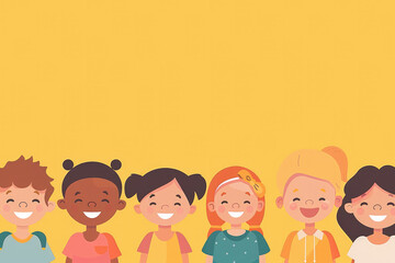 Fototapeta premium Illustration portrait of happy diverse school children in a multi ethnic elementary classroom. 