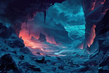 Snowy Mountain Landscape with Glowing Crevices and River