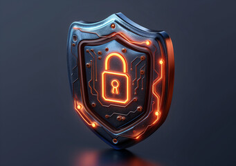 3D illustration of an internet security badge. The badge is a sleek, metallic look with a shield shape, padlock and a digital circuit board pattern to symbolize cybersecurity. 