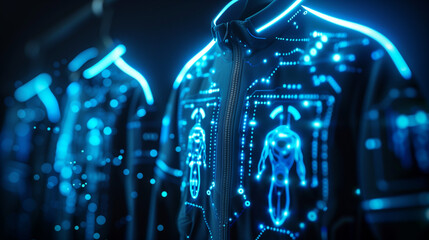 Innovative smart clothing line embedded with sensors for health monitoring and environmental adaptation. Cutting-edge wearable technology for personalized health and adaptive comfort.