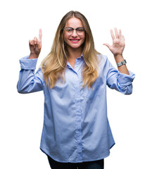 Young beautiful blonde business woman wearing glasses over isolated background showing and pointing up with fingers number six while smiling confident and happy.