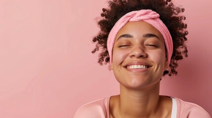 Studio portrait of a happy cancer patient against a pink background