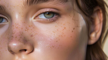 Fototapeta premium Close-up of a young woman's face with clear skin on a light background. The beautiful model shows off her smooth, shiny skin. The concept of beauty and naturalness.