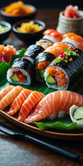 Assorted sushi platter with nigiri and maki rolls served on a green leaf with a scenic lake view