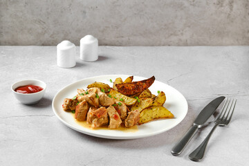 Beef goulash with baked potato wedges