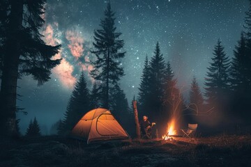 A serene campsite in the woods with a tent pitched, a campfire crackling, and a person roasting marshmallows, with a backdrop of tall trees and a starry night sky