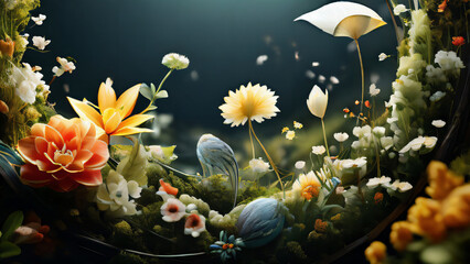 verschiedene Blumen auf einem kleinen stück erde im focus , hintergrund ist dunkel . KI Generated