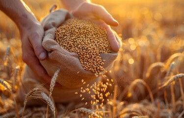 Close-up of hands pouring wheat grains into sack in golden wheat field at sunset