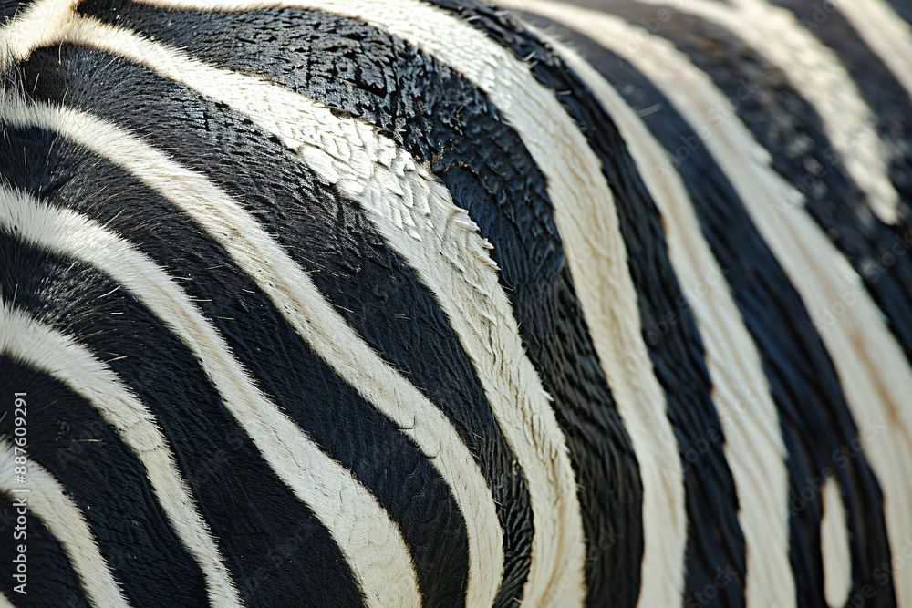 Poster a close up of the back skin texture of a zebra, focusing on its distinctive striped pattern. the bac