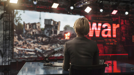 War Correspondent Delivering News on Ongoing Conflict in a Newsroom