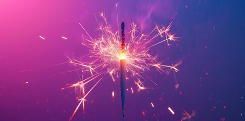 Sparkler burning brightly with vibrant purple background, close-up view