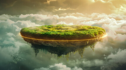 A lush green platform with grass floats above clouds. It's surrounded by a golden ring and has a surreal feel.