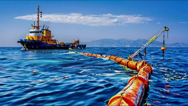 Offshore vessel containing oil spill with floating barrier.