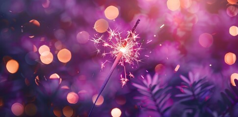 Close-up of a lit sparkler with colorful bokeh background