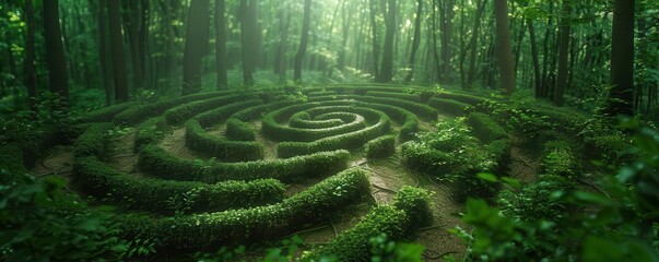 Naklejka premium A lush green maze in a forest with tall trees.