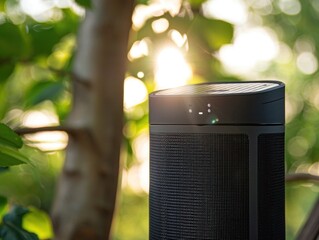 Black Wireless Speaker in a Lush Green Garden