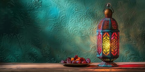 Beautiful traditional lantern with intricate designs and a plate of dried fruits on a textured turquoise background.