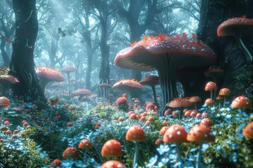 Naklejka premium A magical forest with glowing mushrooms and blue flowers. The air is misty and the light is soft.