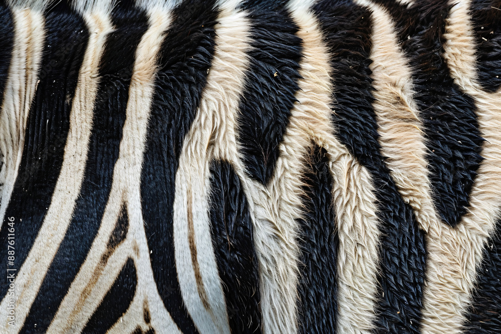Poster a close up of the back skin texture of a zebra, focusing on its distinctive striped pattern. the bac