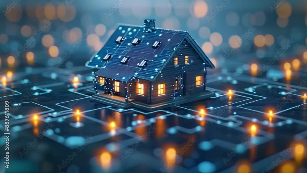 Poster a 3d rendering of a smart home, depicting a connected house with lights on and glowing blue lines re