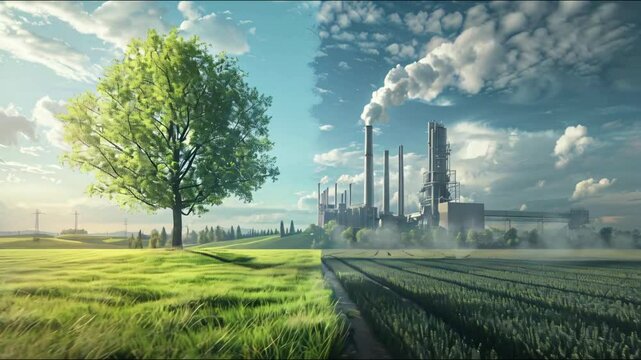 Comparison of clean tree meadow to polluted factory's climate impact.