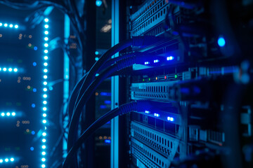 Minimalistic photo of an electric wire illuminated by blue light against the server equipment background, symbolizing high technology.
