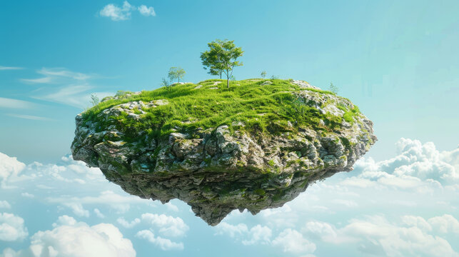 A round piece of land floats in the air, with lush green grass and a rocky base. The surreal landscape creates a sense of a paradise floating in the blue sky.