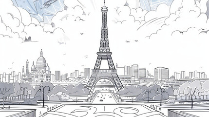 A single-line drawing of the Eiffel Tower and Olympic sports represents the Paris 2024 Olympics.