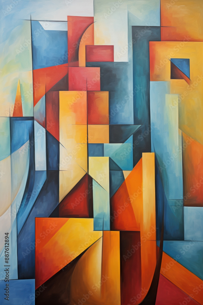 Poster abstract multicolored figures in an abstract cubist or cubism style painting